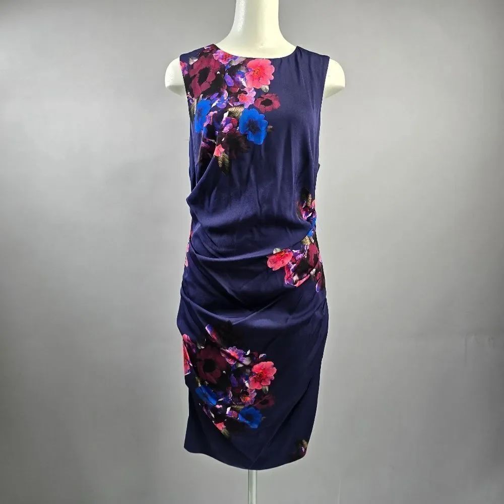 Nicole Miller Navy and Pink Floral Midi Dress R7